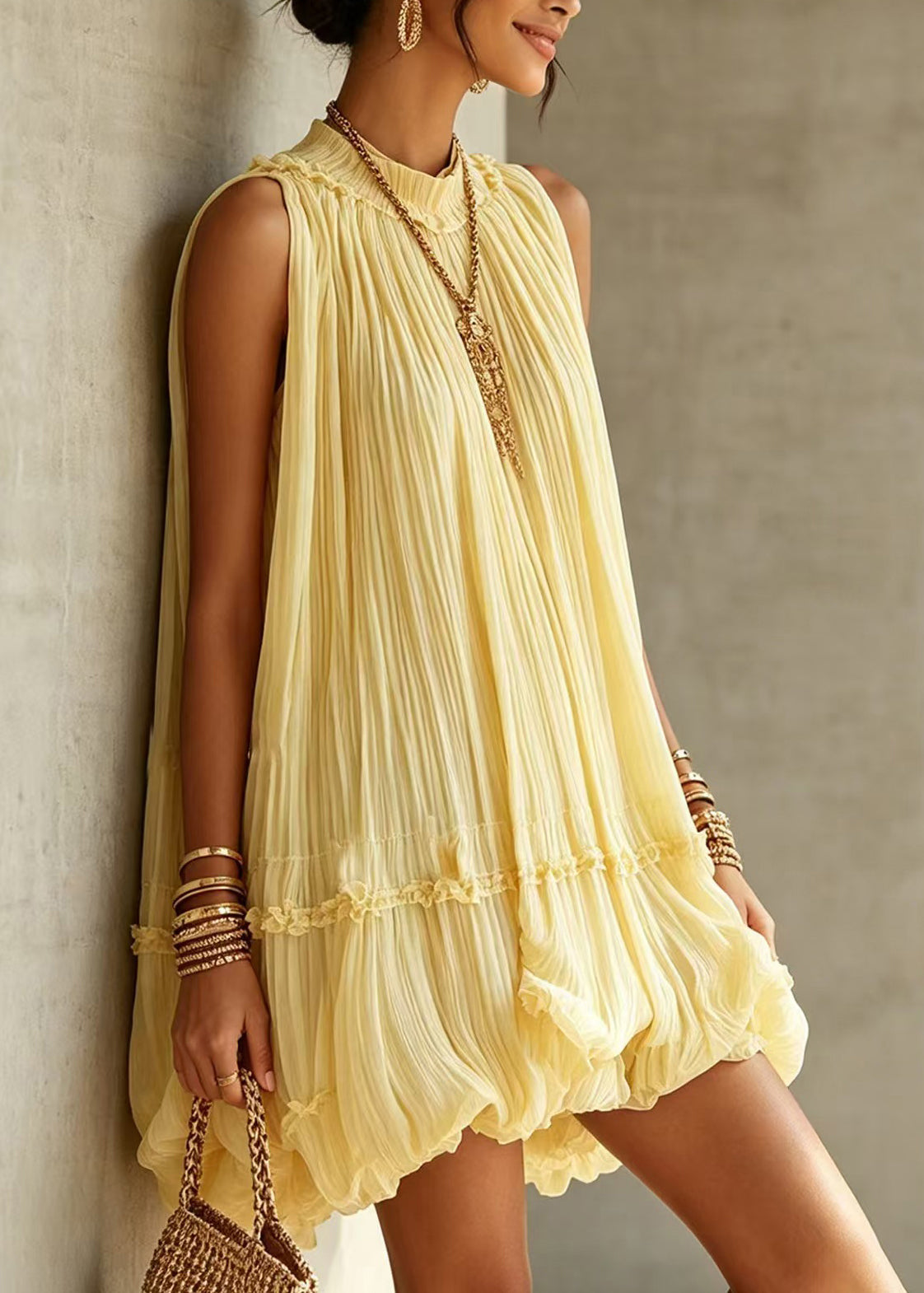 Yellow Vacation Dress Halter Wrinkled Wide Swing Sleeveless