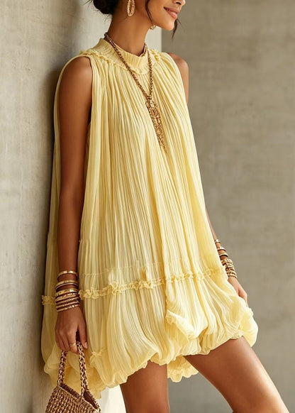 Yellow Vacation Dress Halter Wrinkled Wide Swing Sleeveless
