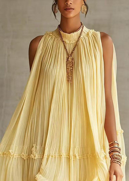 Yellow Vacation Dress Halter Wrinkled Wide Swing Sleeveless