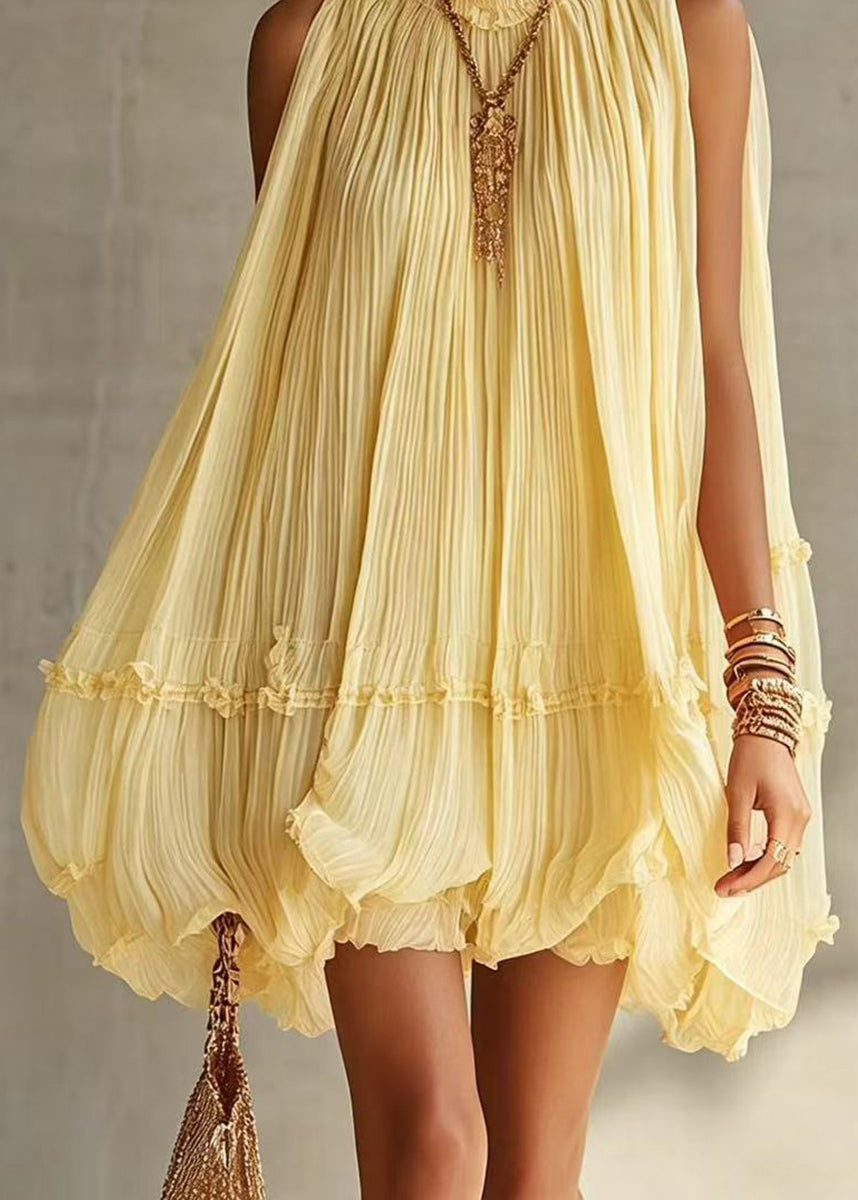 Yellow Vacation Dress Halter Wrinkled Wide Swing Sleeveless