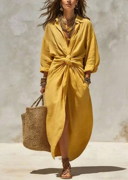 Yellow Wrinkled Pockets Long Dresses Peter Pan Collar Fall