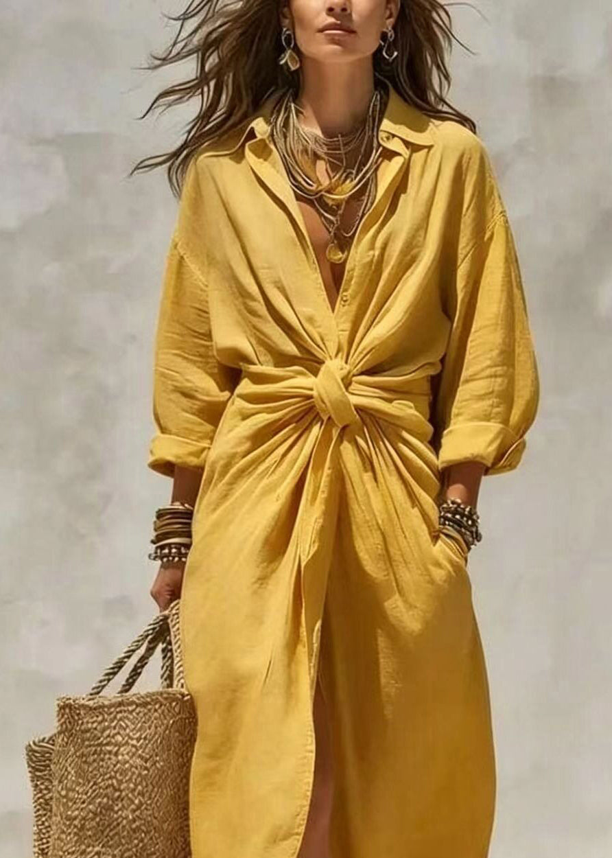 Yellow Wrinkled Pockets Long Dresses Peter Pan Collar Fall