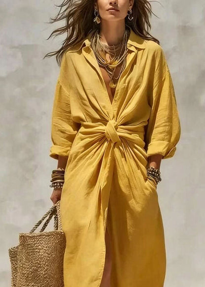 Yellow Wrinkled Pockets Long Dresses Peter Pan Collar Fall