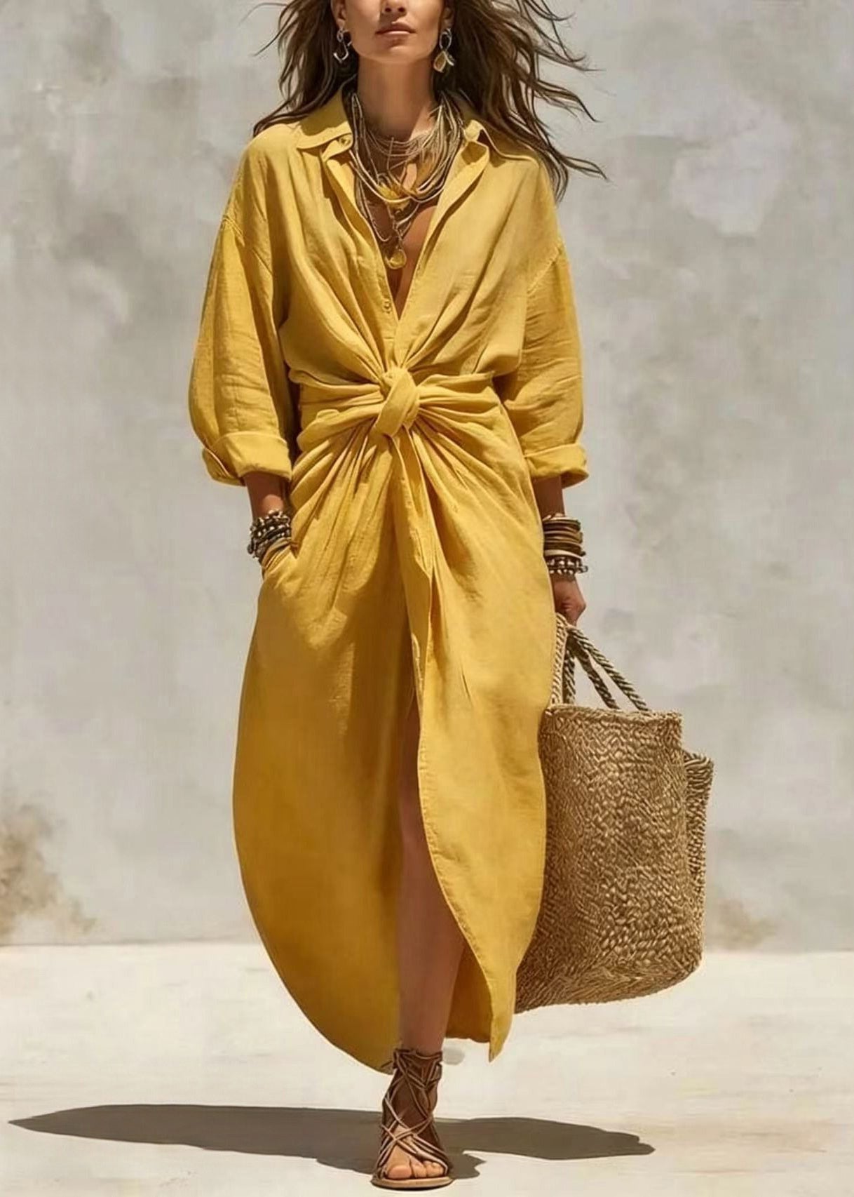Yellow Wrinkled Pockets Long Dresses Peter Pan Collar Fall
