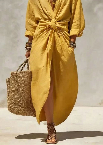 Yellow Wrinkled Pockets Long Dresses Peter Pan Collar Fall