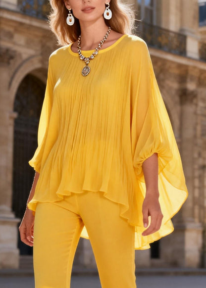 Yellow Wrinkled Solid Two Pieces Set O Neck Bracelet Sleeve
