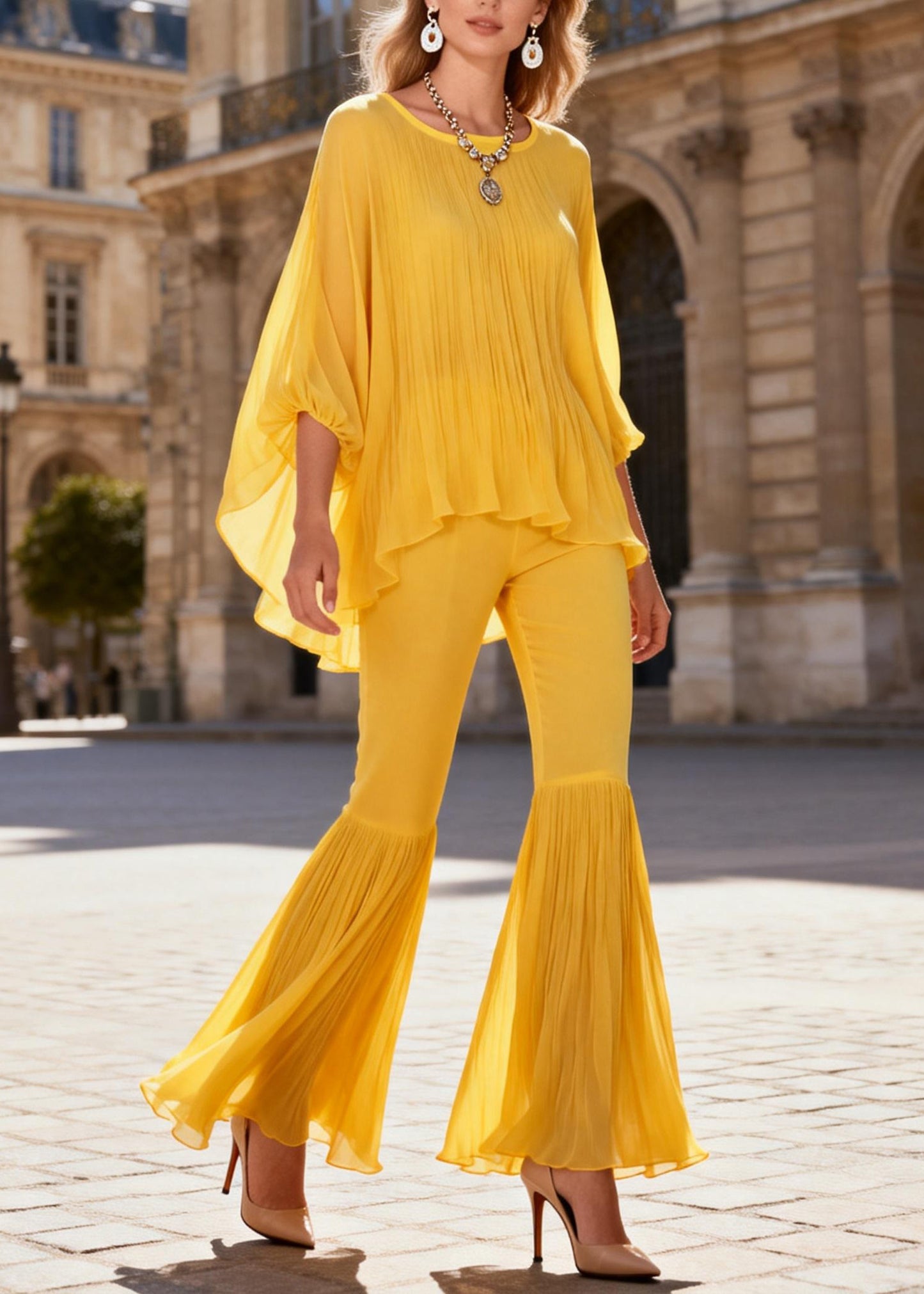 Yellow Wrinkled Solid Two Pieces Set O Neck Bracelet Sleeve