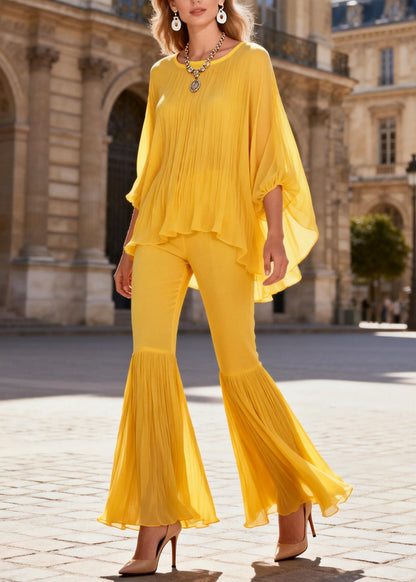 Yellow Wrinkled Solid Two Pieces Set O Neck Bracelet Sleeve