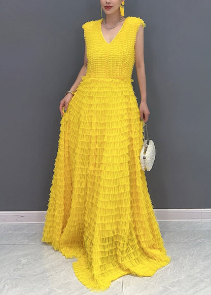 Yellow Wrinkled Solid Vacation Maxi Cake Dresses Summer