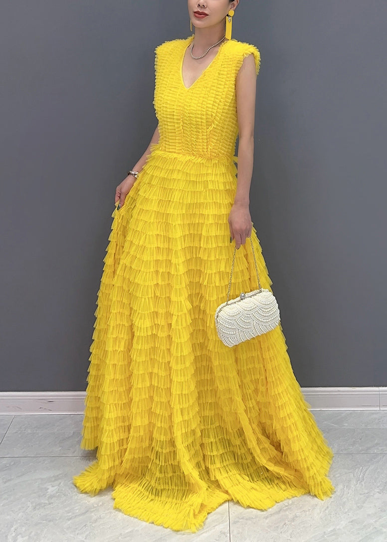 Yellow Wrinkled Solid Vacation Maxi Cake Dresses Summer