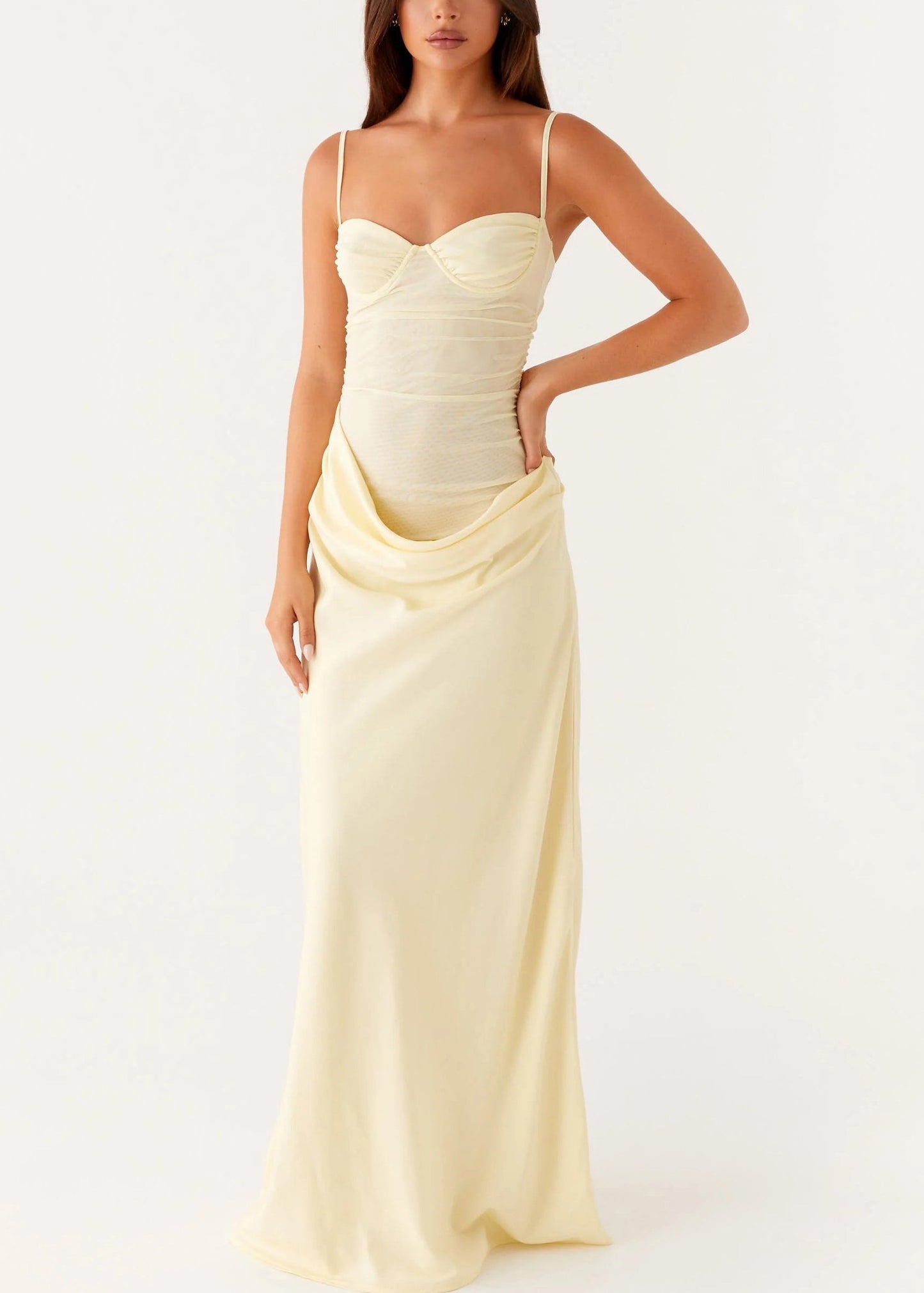Yellow Wrinkled Tulle Patchwork Spaghetti Strap Dress Backless Summer