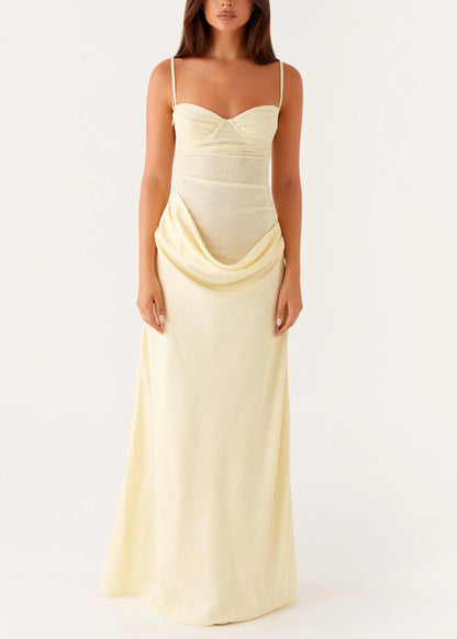 Yellow Wrinkled Tulle Patchwork Spaghetti Strap Dress Backless Summer