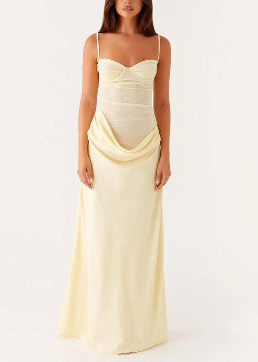 Yellow Wrinkled Tulle Patchwork Spaghetti Strap Dress Backless Summer