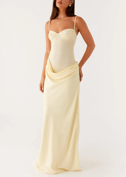 Yellow Wrinkled Tulle Patchwork Spaghetti Strap Dress Backless Summer