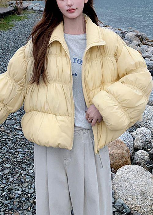 Yellow Zippered Drawstring Loose Duck Down Down Coats Wrinkled