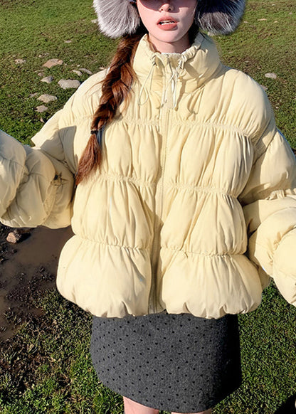 Yellow Zippered Drawstring Loose Duck Down Down Coats Wrinkled