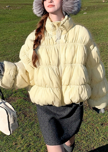 Yellow Zippered Drawstring Loose Duck Down Down Coats Wrinkled