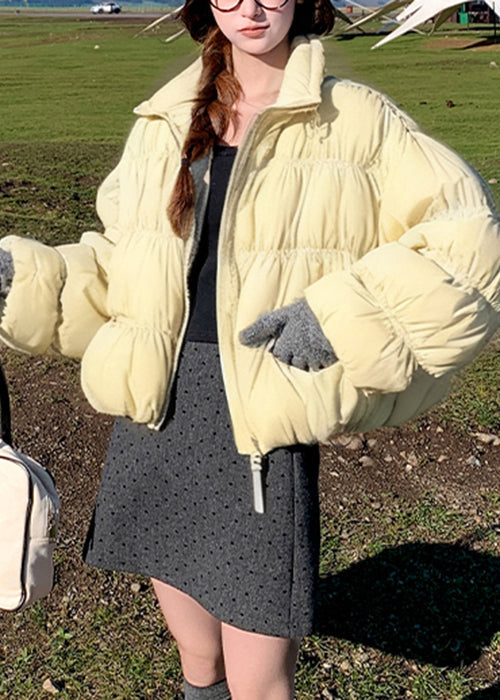 Yellow Zippered Drawstring Loose Duck Down Down Coats Wrinkled