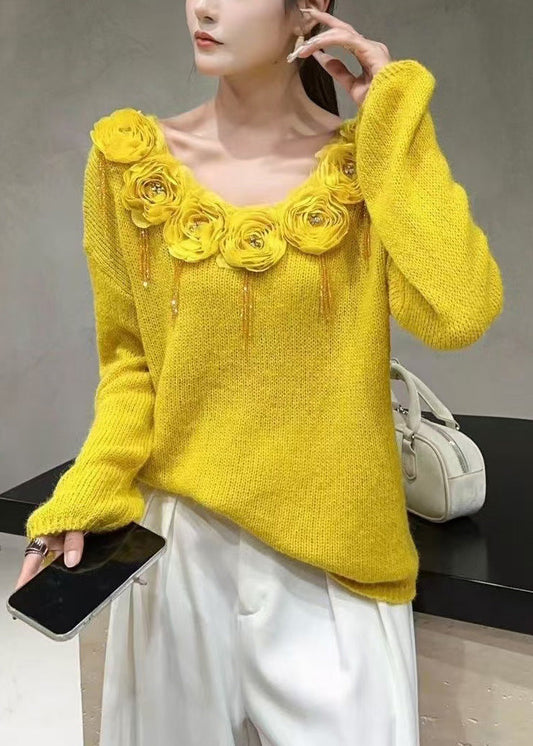 Yellow Zircon Cozy Patchwork Knit Fall Sweaters V Neck