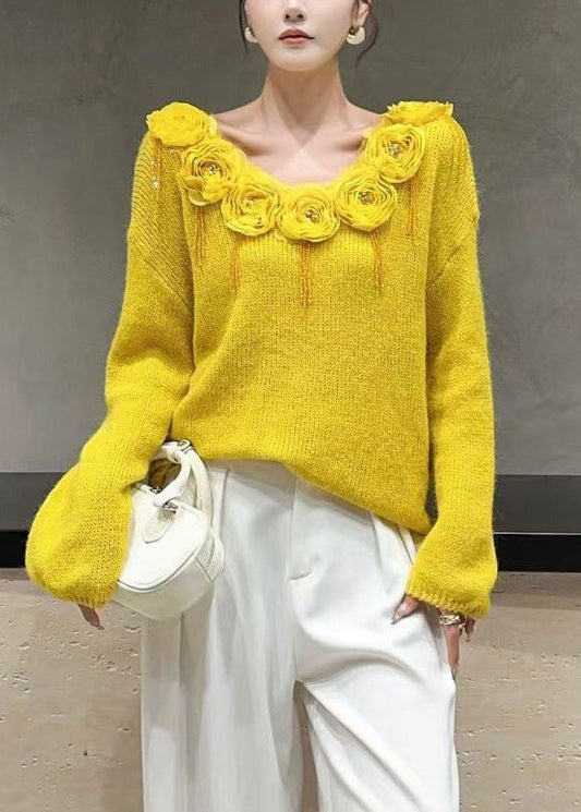 Yellow Zircon Cozy Patchwork Knit Fall Sweaters V Neck