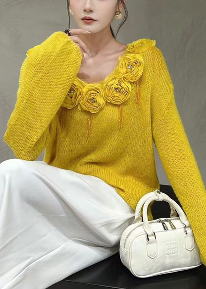 Yellow Zircon Cozy Patchwork Knit Fall Sweaters V Neck