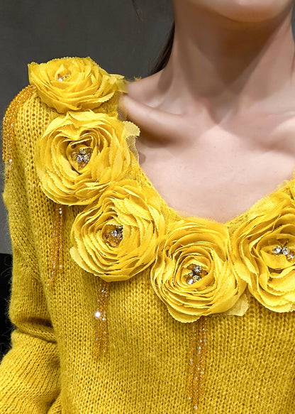 Yellow Zircon Cozy Patchwork Knit Fall Sweaters V Neck