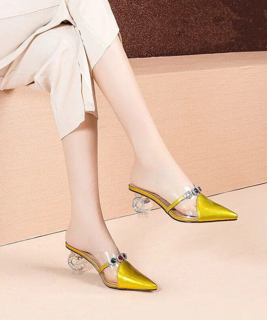 Yellow Zircon Splicing Chunky Slide Sandals Pointed Toe