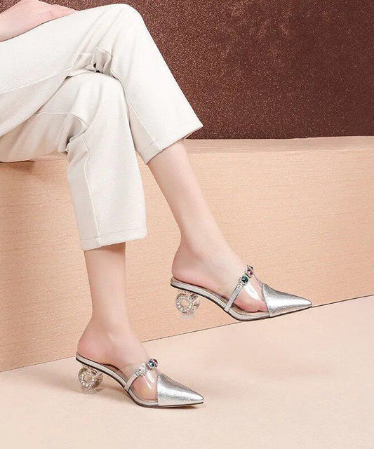 Yellow Zircon Splicing Chunky Slide Sandals Pointed Toe