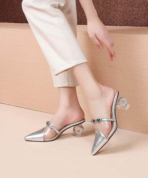 Yellow Zircon Splicing Chunky Slide Sandals Pointed Toe