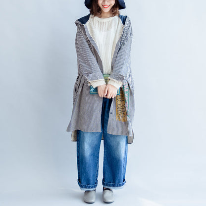 autumn black beige striped prints cotton shirt dress plus size hooded cardigans mid dress