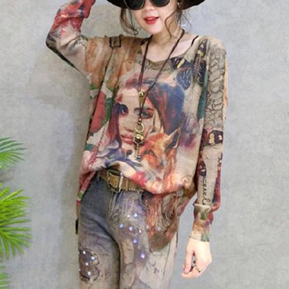 autumn fashion casual print knit pullover plus size o neck women sweaters