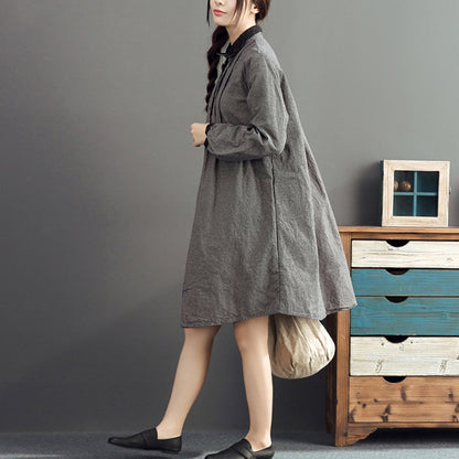 autumn gray grid cotton dresses plus size casual long sleeve lapel thick dress