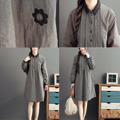 autumn gray grid cotton dresses plus size casual long sleeve lapel thick dress
