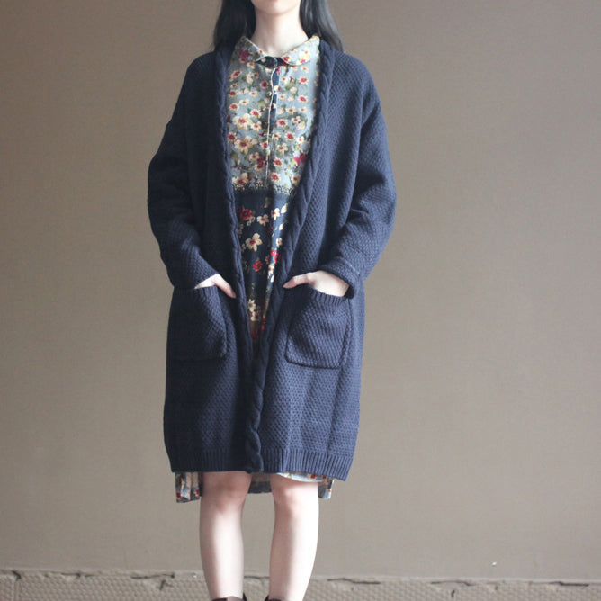 autumn new dark blue vintage cotton sweater cardigans plus size long sleeve knit coat
