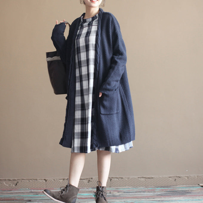 autumn new dark blue vintage cotton sweater cardigans plus size long sleeve knit coat