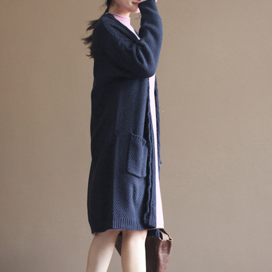 autumn new dark blue vintage cotton sweater cardigans plus size long sleeve knit coat