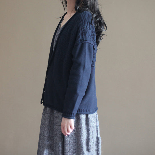 autumn v neck vintage cotton knit cardigans plus size casual navy sweater tops
