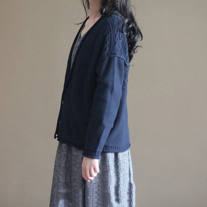 autumn v neck vintage cotton knit cardigans plus size casual navy sweater tops