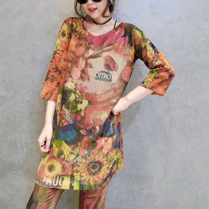 autumn women stylish prints cotton knit tops loose  fit bracelet sleeved mid long sweater