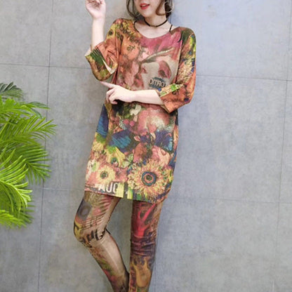 autumn women stylish prints cotton knit tops loose  fit bracelet sleeved mid long sweater