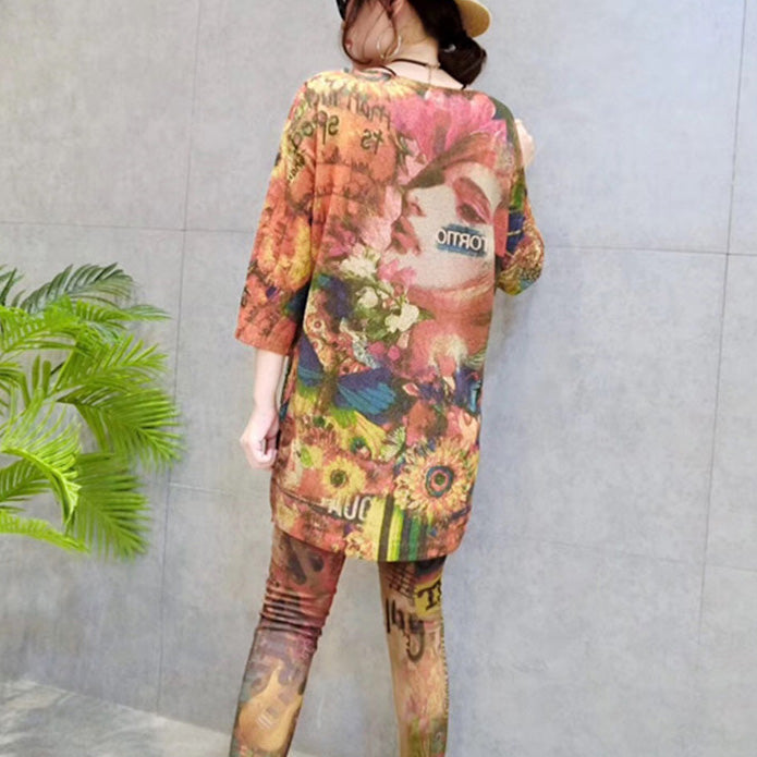 autumn women stylish prints cotton knit tops loose  fit bracelet sleeved mid long sweater