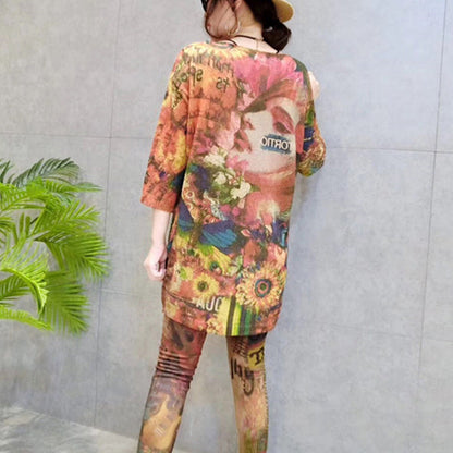 autumn women stylish prints cotton knit tops loose  fit bracelet sleeved mid long sweater