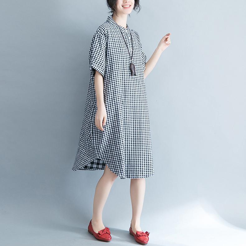 baggy Plaid natural cotton dress trendy plus size cotton clothing dresses Elegant short sleeve Stand cotton clothing