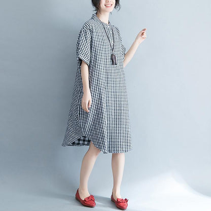 baggy Plaid natural cotton dress trendy plus size cotton clothing dresses Elegant short sleeve Stand cotton clothing