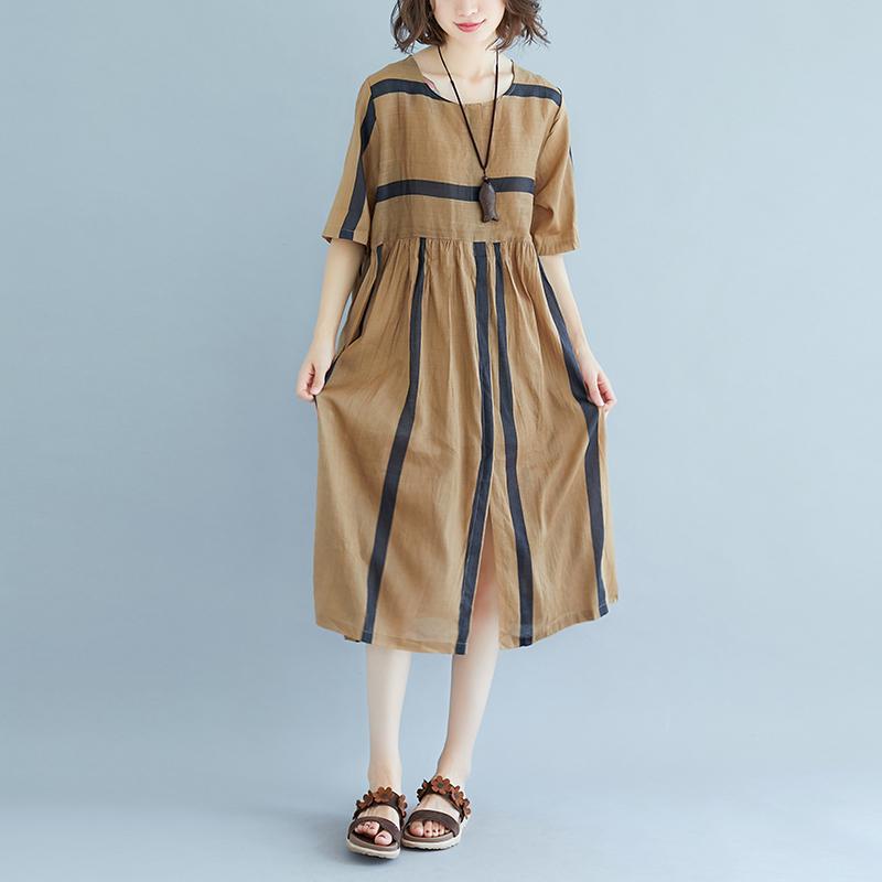 baggy Tencel Chiffon summer dress plus size Short Sleeve Round Neck Pockets Stripe Pleated Slit Dress