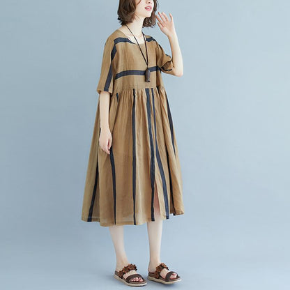 baggy Tencel Chiffon summer dress plus size Short Sleeve Round Neck Pockets Stripe Pleated Slit Dress