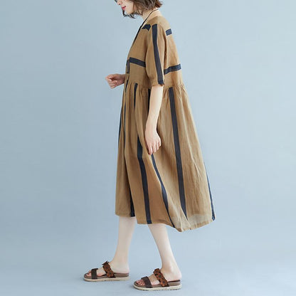 baggy Tencel Chiffon summer dress plus size Short Sleeve Round Neck Pockets Stripe Pleated Slit Dress