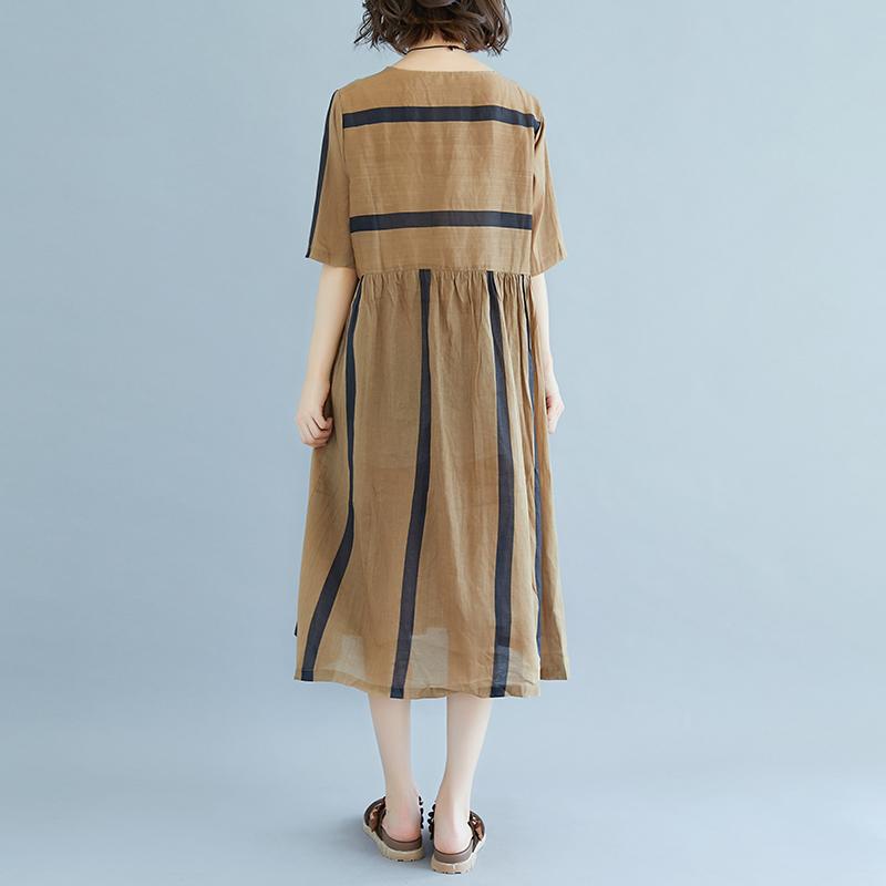 baggy Tencel Chiffon summer dress plus size Short Sleeve Round Neck Pockets Stripe Pleated Slit Dress