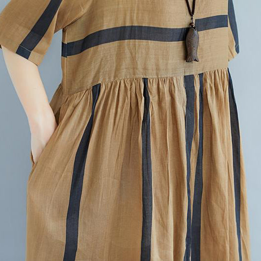 baggy Tencel Chiffon summer dress plus size Short Sleeve Round Neck Pockets Stripe Pleated Slit Dress