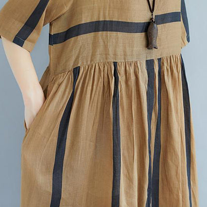 baggy Tencel Chiffon summer dress plus size Short Sleeve Round Neck Pockets Stripe Pleated Slit Dress